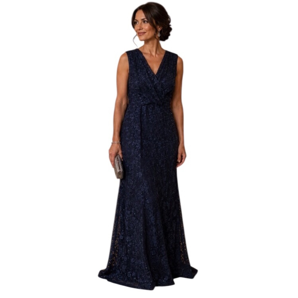 NWT Tahari ASL Sleeveless Floral Lace Sparkle Surplice Formal Gown, Navy Blue, 8